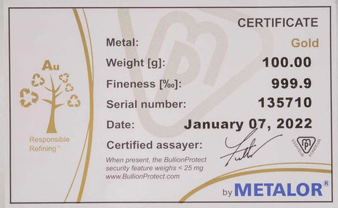 Metalor 100g Cast Gold Bullion Bar