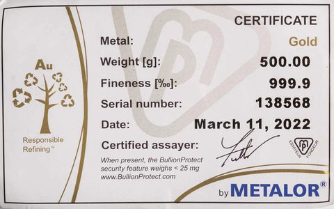 Metalor 500g Cast Gold Bullion Bar