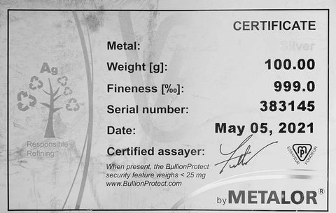 Metalor 100g Cast Silver Bullion Bar