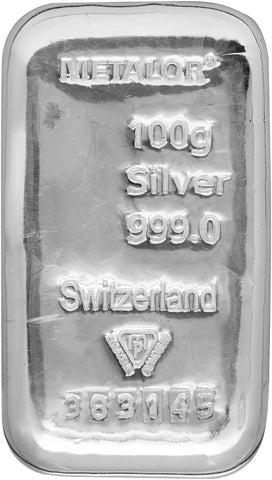 Metalor 100g Cast Silver Bullion Bar