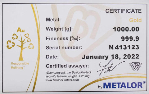 Metalor 1kg Cast Gold Bullion Bar